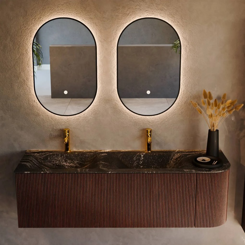 Mondiaz Kurve-dlux 145cm badmeubel ronding rechts ruby met 1 lade en deur en wastafel leaf dubbel/links 2 kraangaten lava