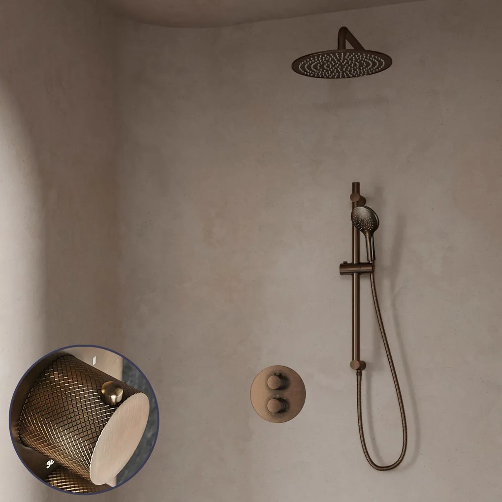 Saniclear Antique Curved inbouw regendouche rond met 30cm hoofddouche, muurarm, 2 standen handdouche en glijstang verouderd messing