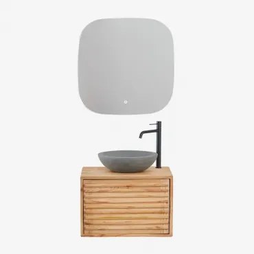 Deleyna Wandgemonteerde Houten Badkamermeubelset Natuurlijk Hout & Rond Grijs Cement Ø40 Cm Tarsis & Vierkant Led En Anticondens 75x75 Cm Tobie -