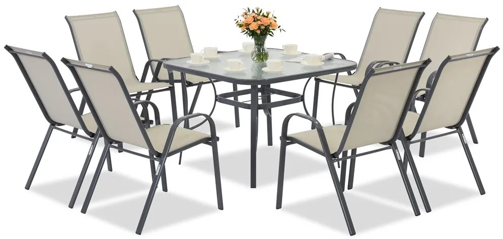 Modena lichtgrijze metalen tuinset voor 8 personen met Garden Point vierkante tafel