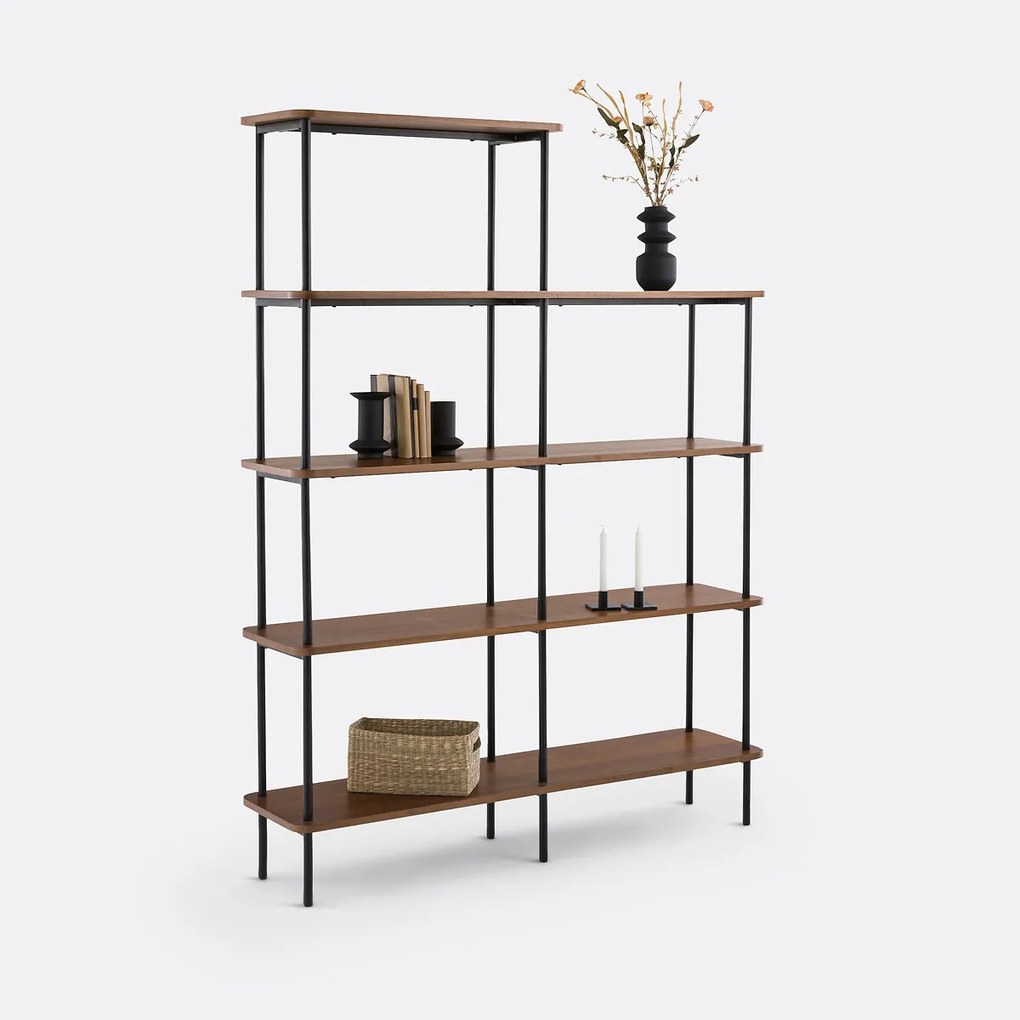 Asymmetrische boekenkast, walnootfineer en staal, KERRIE