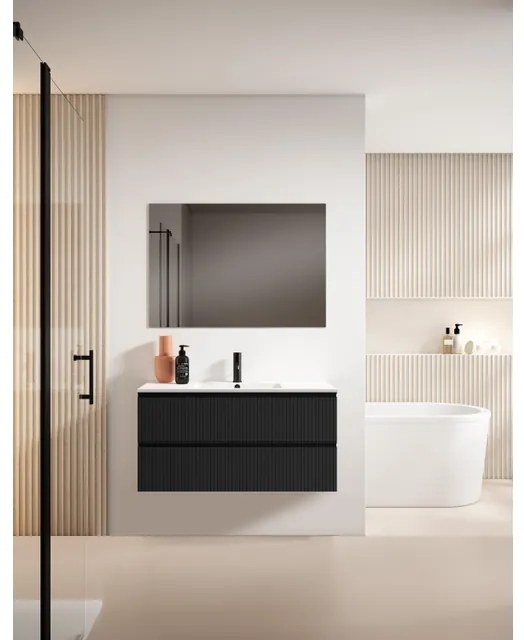 Saniclass Prime Blend Badkamermeubelset - 100x55x46cm - 1 rechthoekige keramische wasbak wit - 1 kraangat - 2 lades - rechthoekige spiegel - mat zwart SW892723/SW804532/SW724612