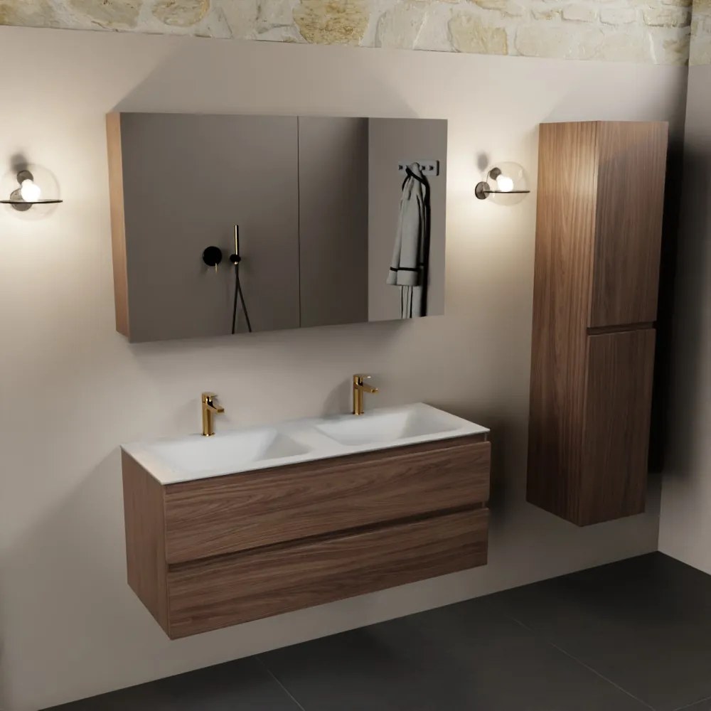 Mondiaz Aivy badmeubel 120cm mocha met wastafel solid surface talc dubbel 2 kraangaten en spiegelkast