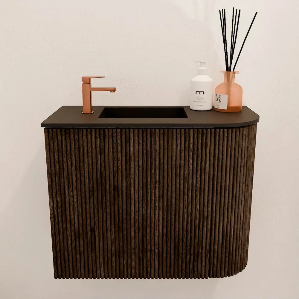 Mondiaz Joya 50cm toiletmeubel ronding rechts walnut met wastafel faye links 1 kraangat urban
