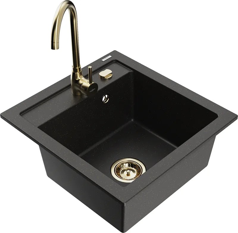 Mexen Vito granieten gootsteen met 1 kom en Telma keukenkraan, zwart/goud metallic - 6503-75-670200-50