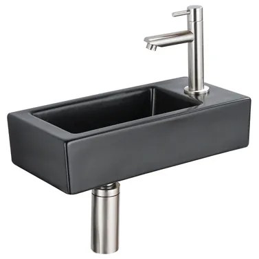 QeramiQ Fuente Fonteinset - 37.5x18.5x9cm - keramiek - kraangat rechts - fonteinkraan geborsteld RVS - afvoerplug - verlaagd sifon - Mat Zwart SW1122447/SW696207/SW696217/SW696237