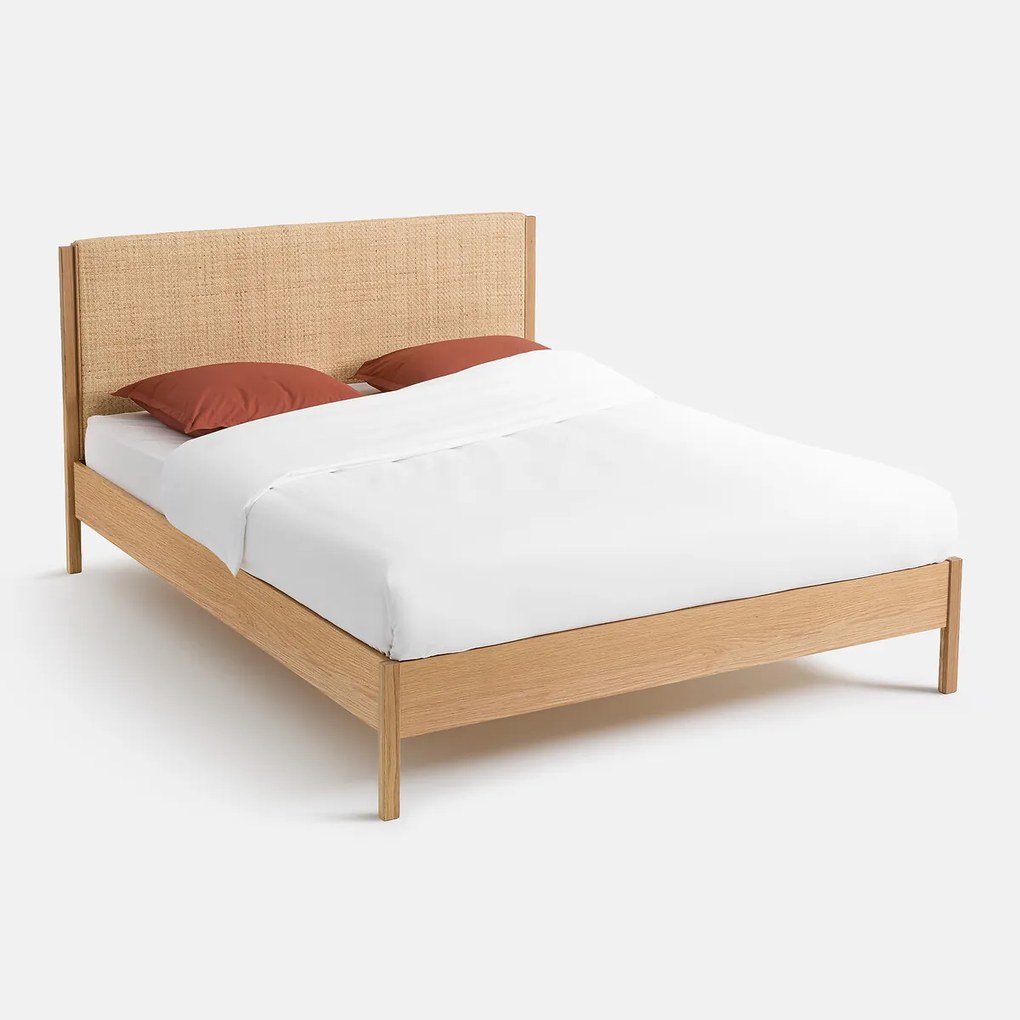 Bed met lattenbodem, eikenhout, eikenfineer en gevlochten rotan, ORA