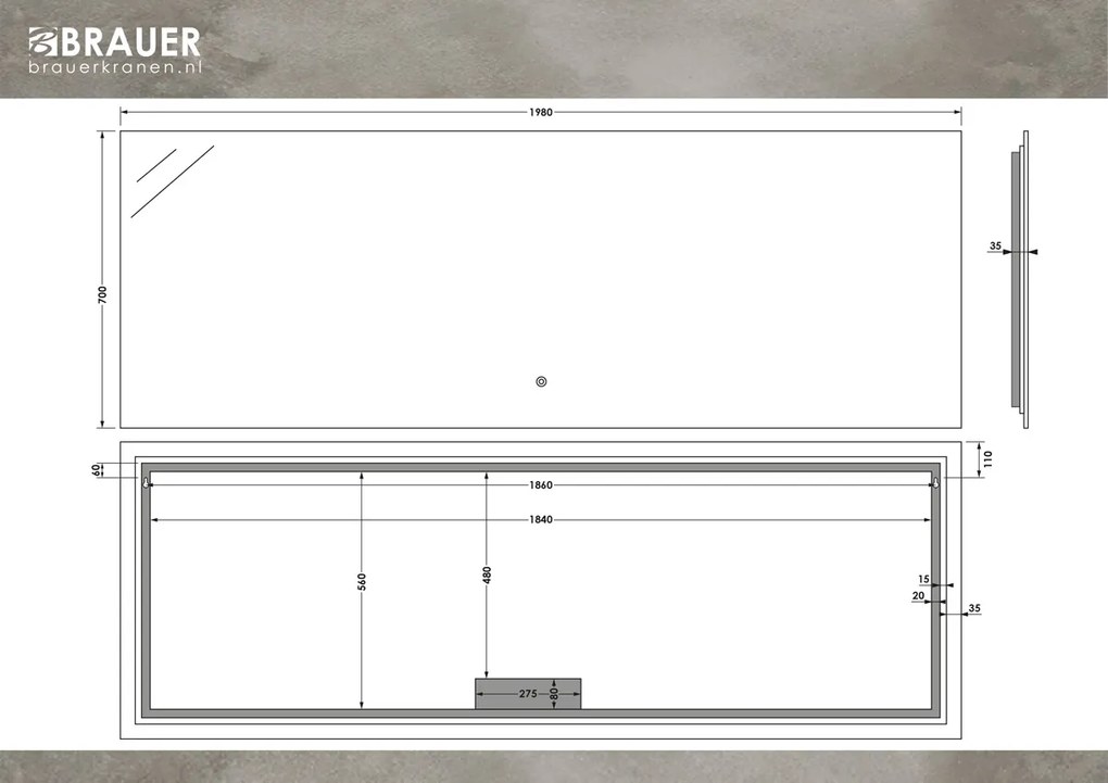 Brauer Ruby rechthoekige spiegel met verlichting 200x70cm