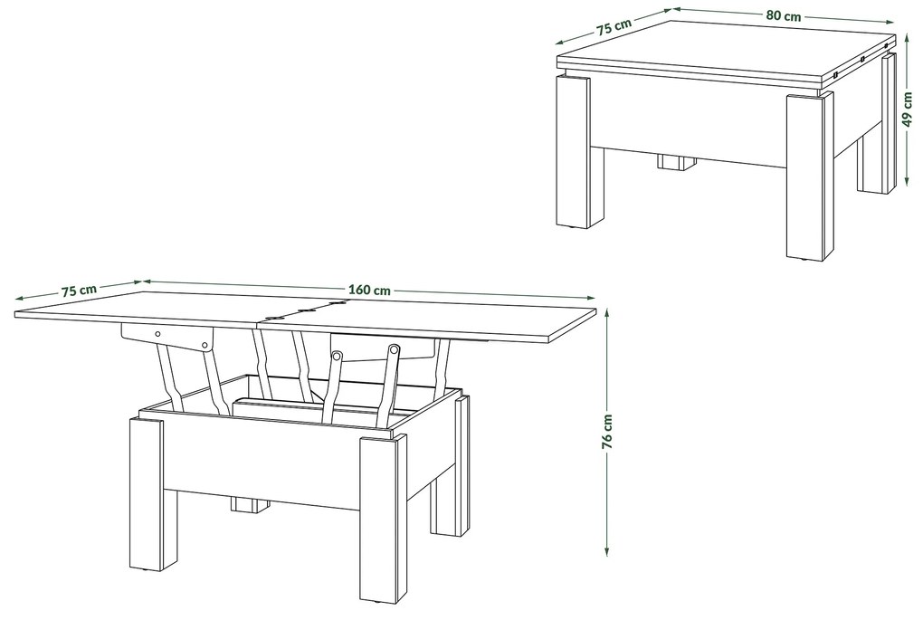 Mazzoni OSLO bruin eiken / zwart mat, uitklapbare salontafel met in hoogte verstelbaar blad