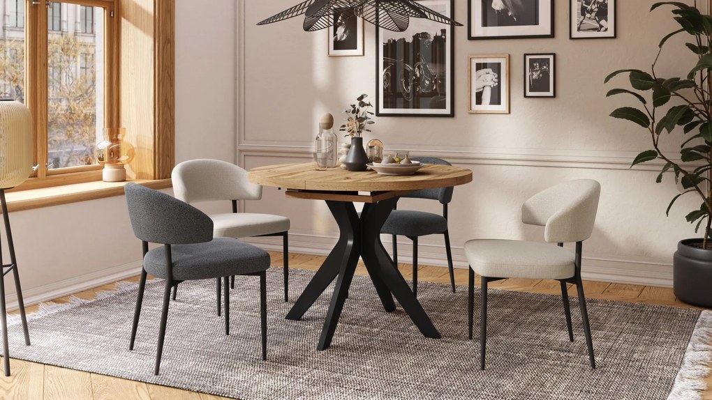 RENZO Wotan Eiken/zwarte poot - RONDE TAFEL Ø110 UITKLAPBAAR TOT 180 cm | VOOR DE KEUKEN EETKAMER WOONKAMER RETRO