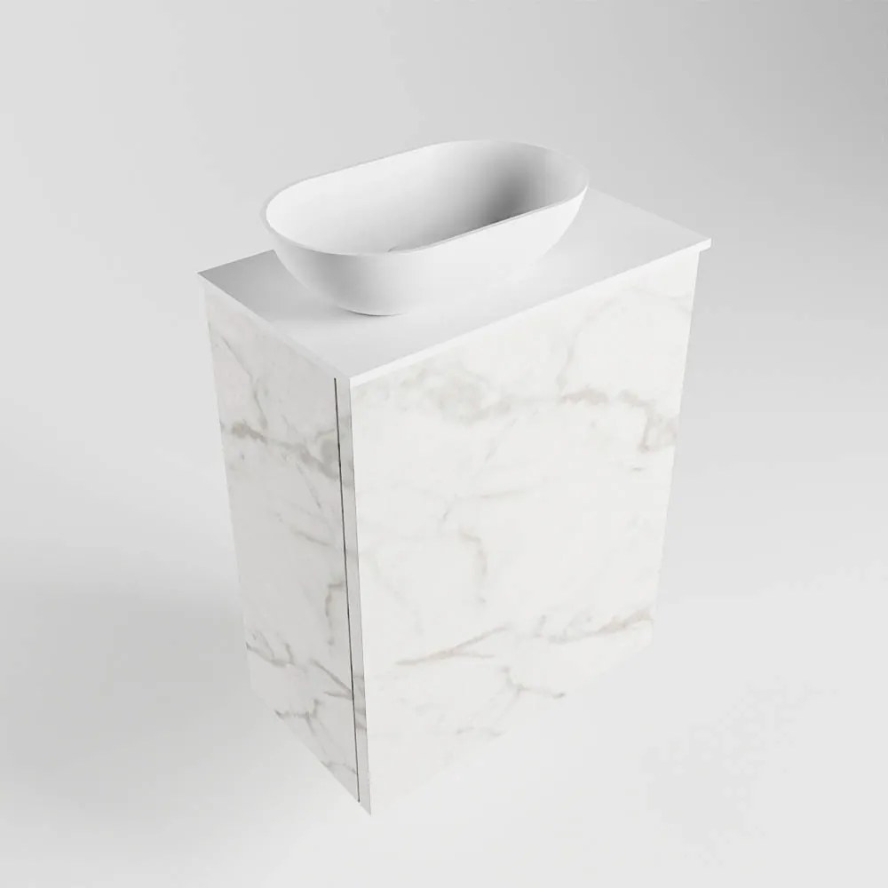 Mondiaz Fowy toiletmeubel 40cm Carrara met witte waskom links en kraangat