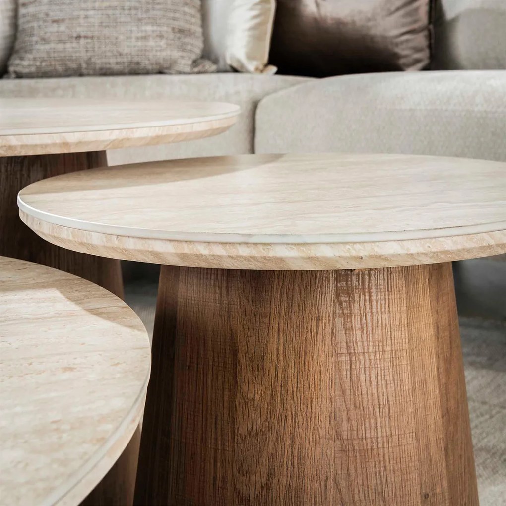 Ronde Salontafelset Hout En Travertin