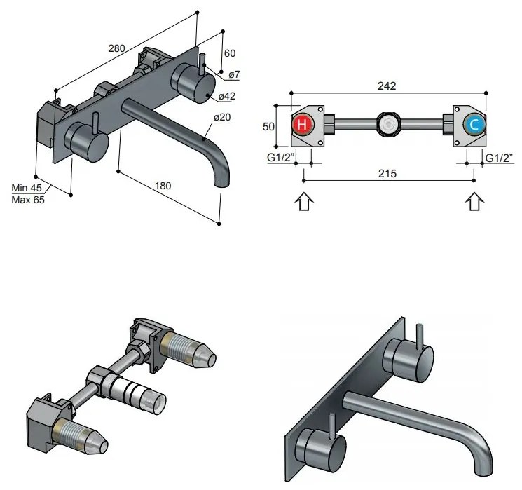 Hotbath Cobber inbouw wastafelkraan 18cm met plaat geborsteld koper PVD