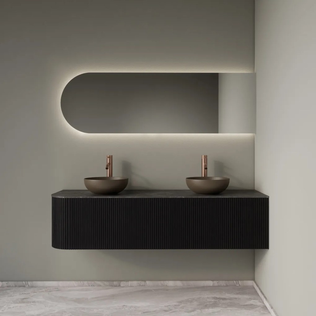 Gliss Design Alluro badmeubel ribbelfront met ronding links 160cm black en zwart leisteen toppaneel