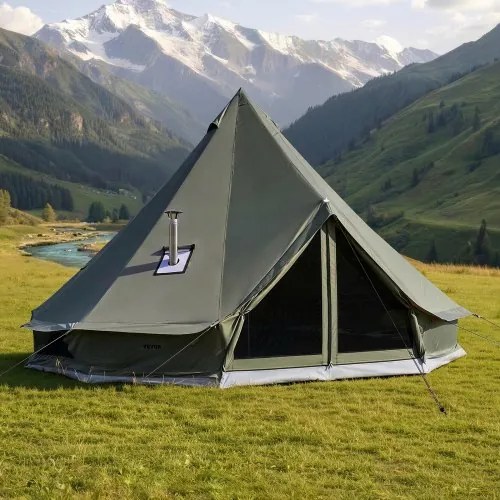 VEVOR Canvas Bell Tent, 3m Yurt, 4 Seizoenen, met schoorsteenopening, slaapruimte voor maximaal 3 personen, met uitneembare vloer (ritssluiting), ideaal voor gezinskamperen en buitenactiviteiten, groen