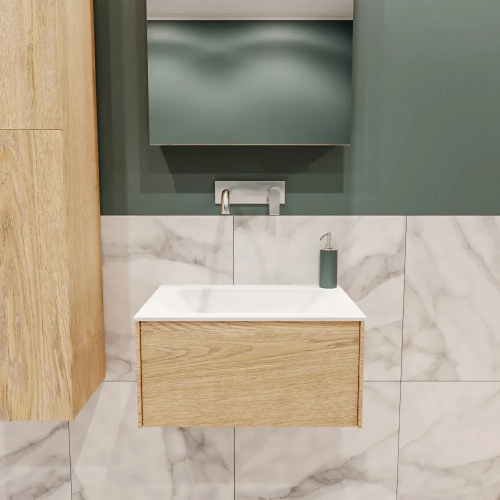 Lush onderkast 60cm in kleur WASHED OAK met 1 lade Push tot open geschikt voor gecentreerde wastafel. Compleet met solid surface wastafel cloud M35111met 0 kraangat(en)