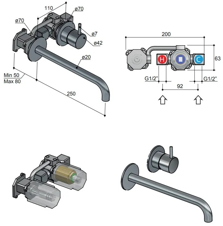 Hotbath Cobber 2-gats inbouw wastafelkraan 25cm verouderd messing