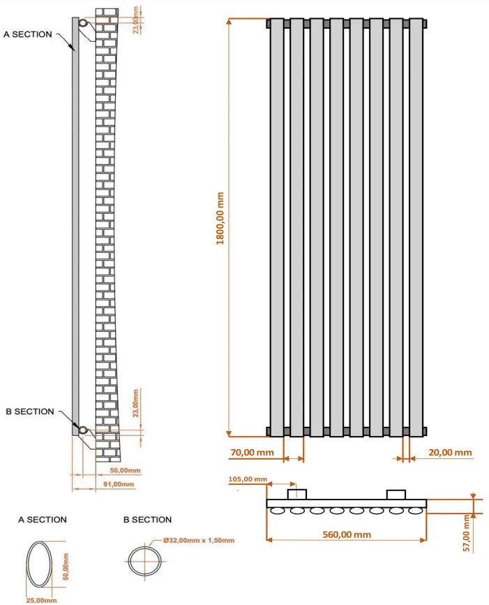 Eastbrook Tunstall radiator 55x180cm 1280W wit mat