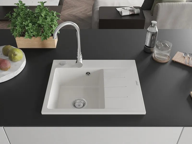 Mexen Ben granit gootsteen 1-kompartiment met afdruiprek, links 600 x 500 mm, wit, sifon chroom - 6522605000-20