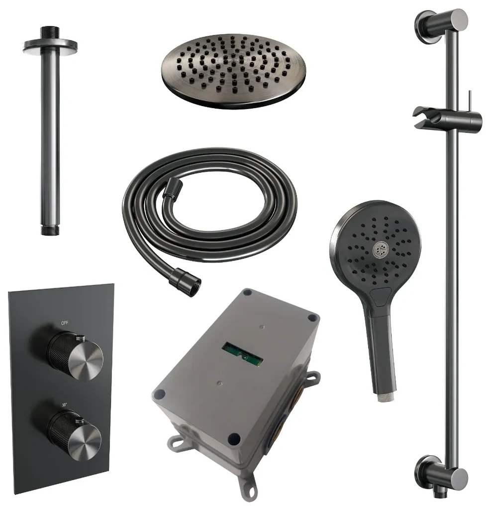 Brauer Gunmetal Carving complete inbouw regendouche set 47 met 20cm douchekop, plafondarm, 3 standen handdouche en glijstang gunmetal geborsteld PVD