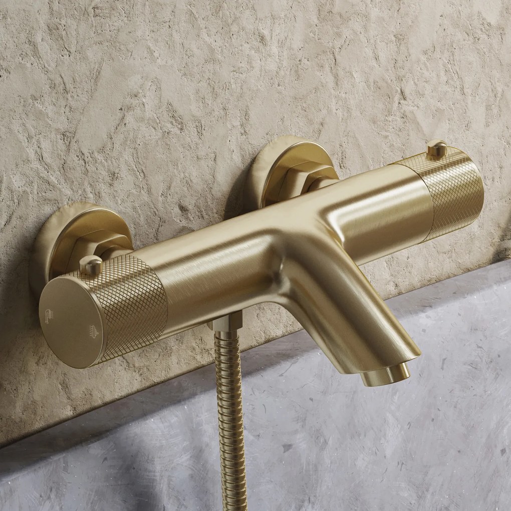 Saniclear Brass Curved thermostatische opbouw badkraan met handdouche geborsteld messing - mat goud