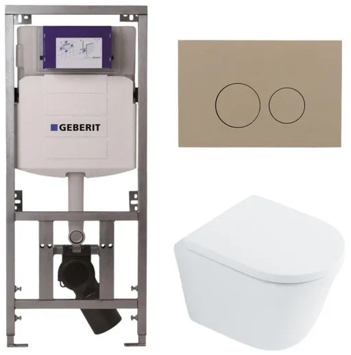 QeramiQ Dely Toiletset - 36.3x51.7cm - diepspoel - rimless - Geberit UP320 inbouwreservoir - met Burda frame - softclose toilet zitting 35 mm - bedieningsplaat taupe - ronde knoppen - wit glans SW1026255 / SW1159505/0701131/SW1102378