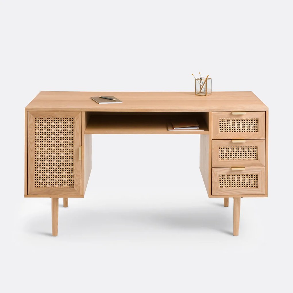 Bureau dubbele blok in gefineerd eiken en rotan, Loris