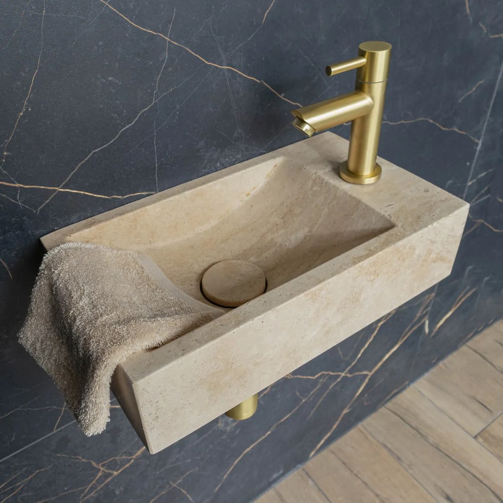 Saniclear White Travertin fonteinset met rechte kraan in geborsteld messing