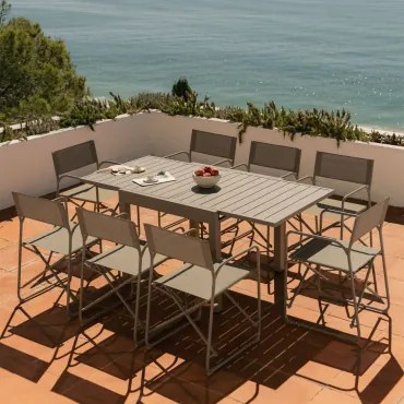 Set Van 90-180x90 Cm Uitschuifbare Aluminium Starmi Tafel En 8 Inklapbare Melida Tuinstoelen Van Staal Moka Bruin - Sklum