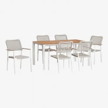 Rechthoekige Tafelset Van Aluminium En Teakhout (160x90 Cm) Katiana En 6 Stoelen Van Aluminium En Gevlochten Touw Nediam Wit - Sklum