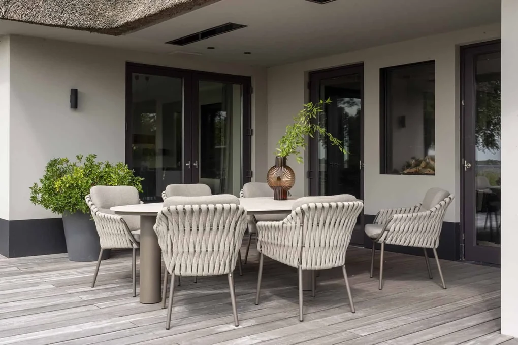 4 Seasons Outdoor Arizona tafel met kiezelvormig keramisch blad in zandkleur 240 x 120 cm Tuintafel bruin weerbestendig