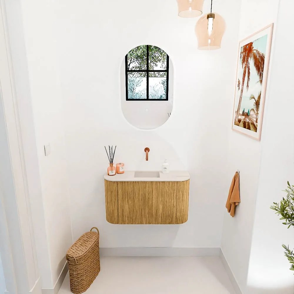 Mondiaz Joya DLux 75cm toiletmeubel ronding links/rechts oak met wastafel faye midden zonder kraangat meli