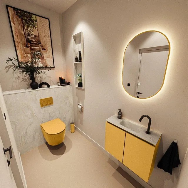 MONDIAZ TURE-DLUX 60cm toiletmeubel Ocher. EDEN wastafel Ostra positie midden. Met 1 kraangat. TUREDX60OCHM1OST