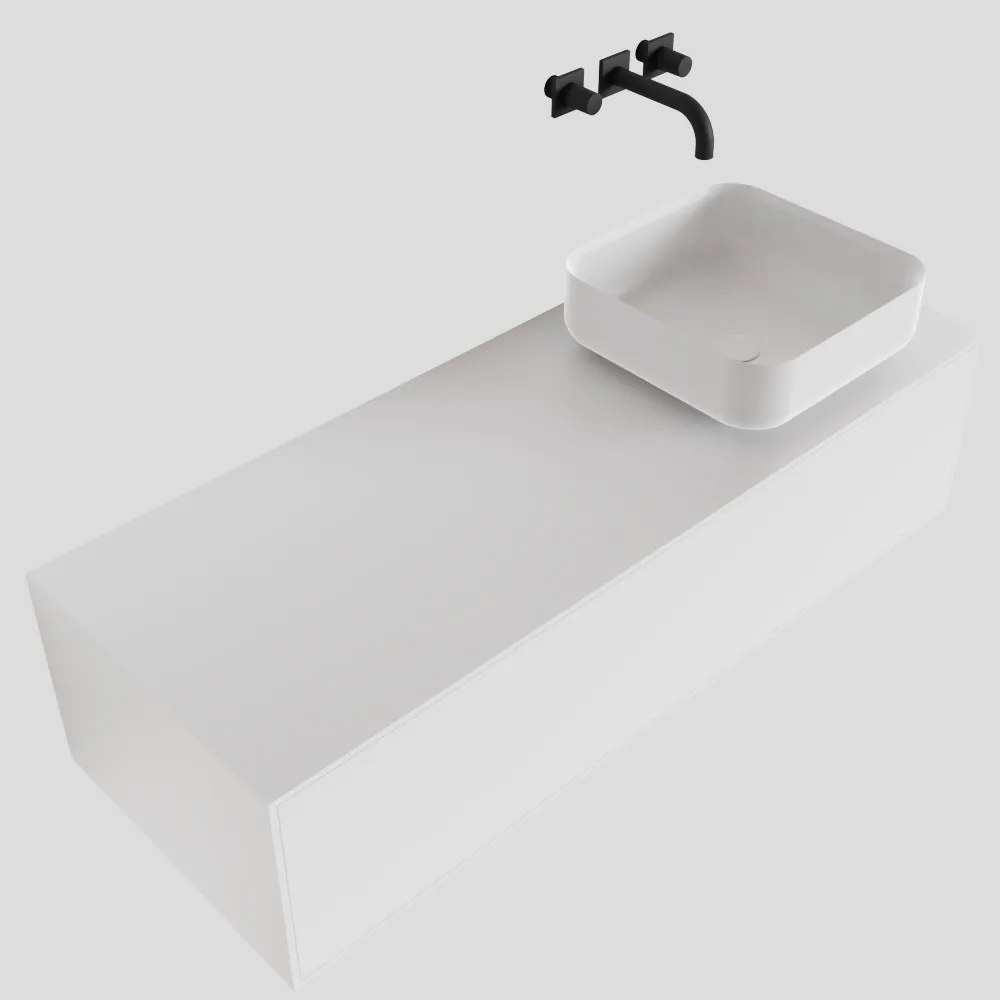 Zaro Lagom volledig naadloos solid surface onderkast met topblad 120cm mat wit met 1 lades Push tot open. Compleet met solid surface opzetkom met 0 kraangat(en)