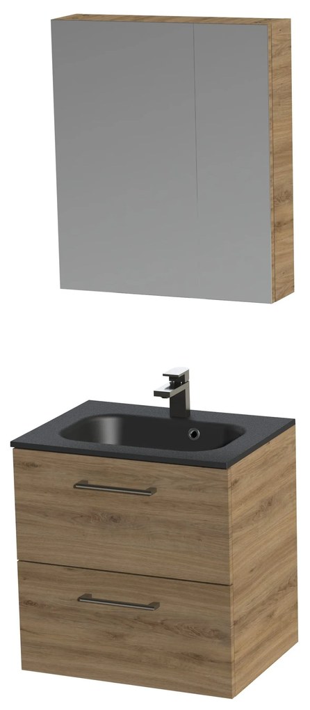 Tiger Studio badkamermeubel met spiegelkast en zwarte wastafel 60cm chalet eiken