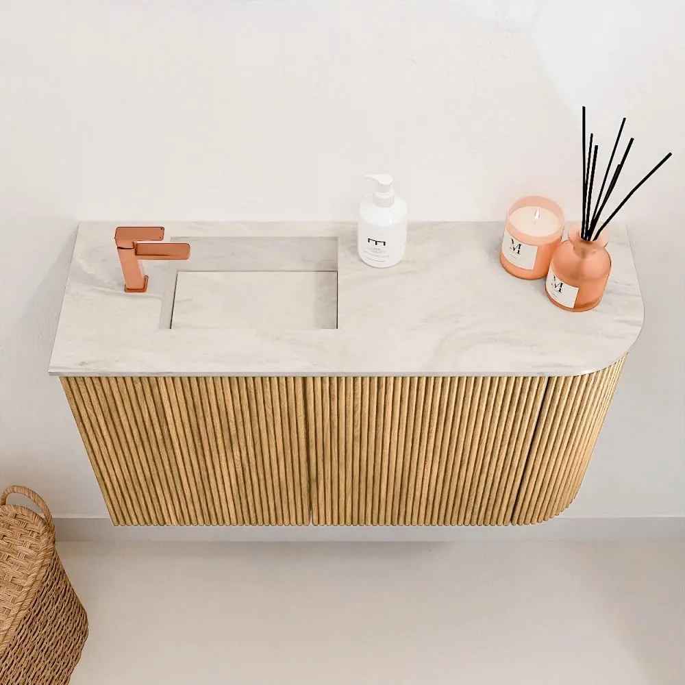 Mondiaz Joya DLux 70cm toiletmeubel ronding rechts oak met wastafel faye links 1 kraangat ostra