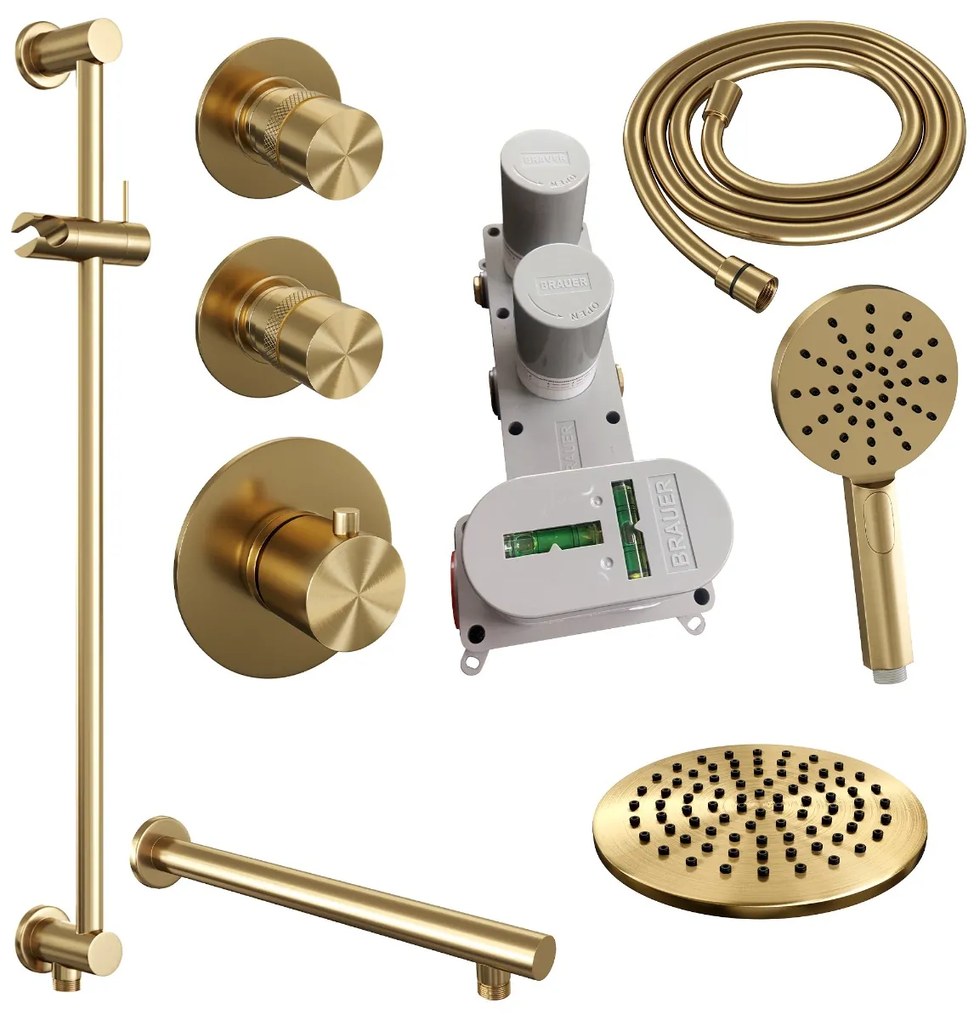 Brauer Gold Edition complete inbouw regendouche met 3 standen handdouche, rechte wandarm, glijstang en hoofddouche 20cm set 19 messing geborsteld PVD