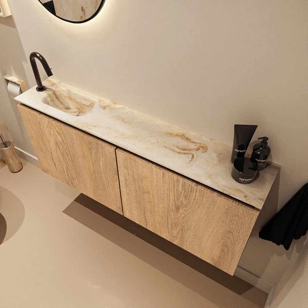 Mondiaz Ture DLux toiletmeubel 120cm washed oak met wastafel frappe links met kraangat