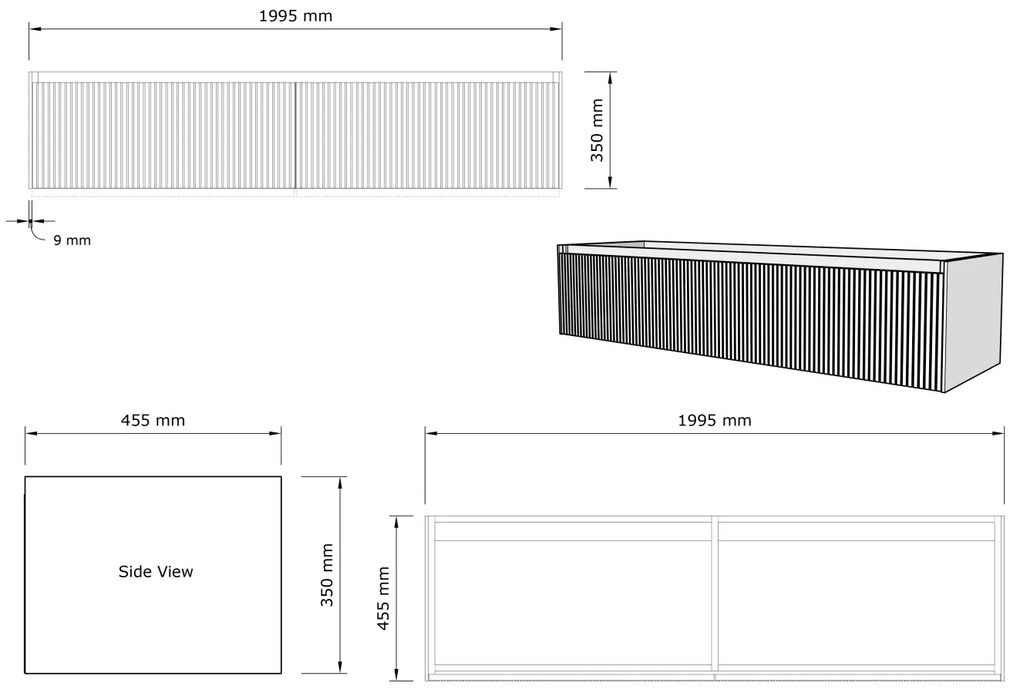 Gliss Design Timotheus badmeubel met 2 lades en ribbelfront 200cm ash gray met glans witte wastafel Asia