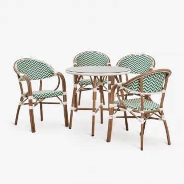 Set Van Ronde Tafel Ø80 Cm En 4 Stapelbare Eetkamerstoelen Met Armleuningen Van Aluminium Brielle Bistro Groen – Kool - Gardenia Wit - Sklum