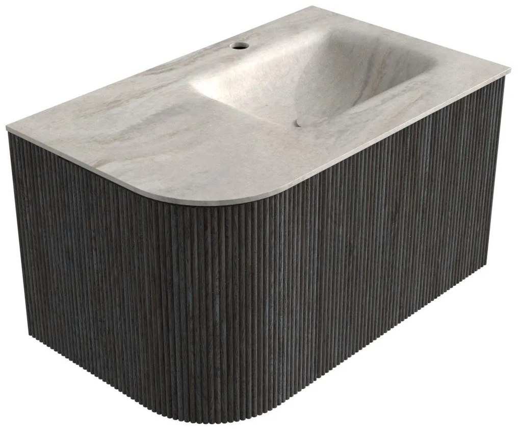 Mondiaz Kurve-dlux 75cm badmeubel ronding links shadow met 1 lade en deur en wastafel grunne kraangat rechts ostra