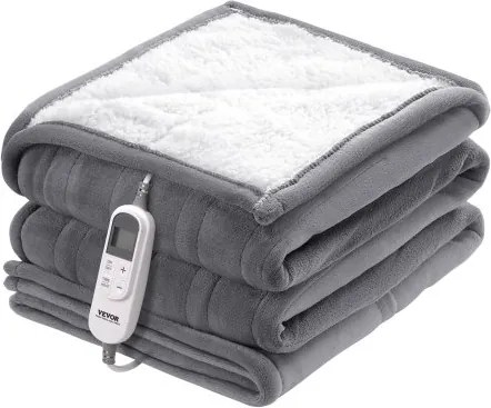 VEVOR elektrische deken, 180 x 200 cm, Queensize, elektrische verwarmingsdeken van zachte flanel lamswol, verwarmd bed met 9 tijdinstellingen en 6 warmtestanden, warme deken als verjaardagscadeau, grijs