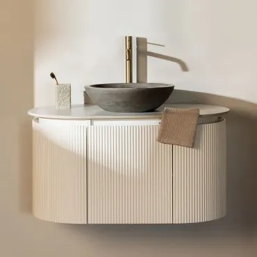 Carsone Hangend Badkamermeubelset Van Hout Wit & Zonder Extra Eenheid & Rond Grijs Cement Ø40 Cm Tarsis & Spiegelloze & Goud ↑30 - Sklum