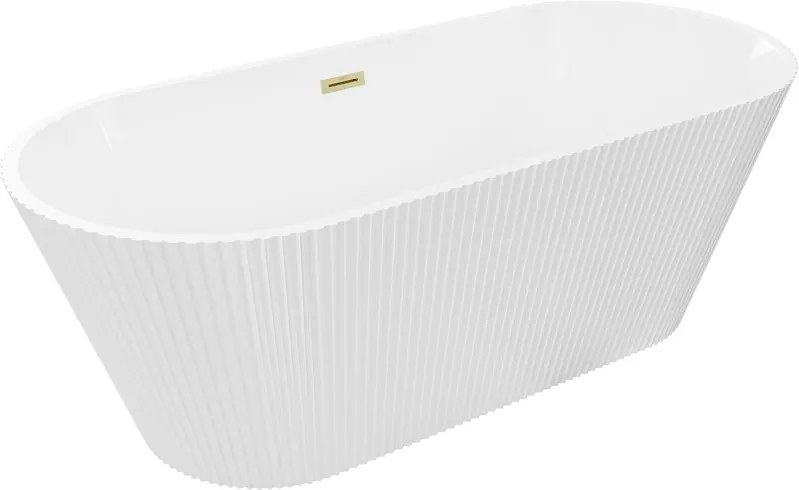 Mexen Yara vrijstaande geribbelde badkuip 170 x 75 cm, wit, overloop geborsteld goud - 52861707500-55