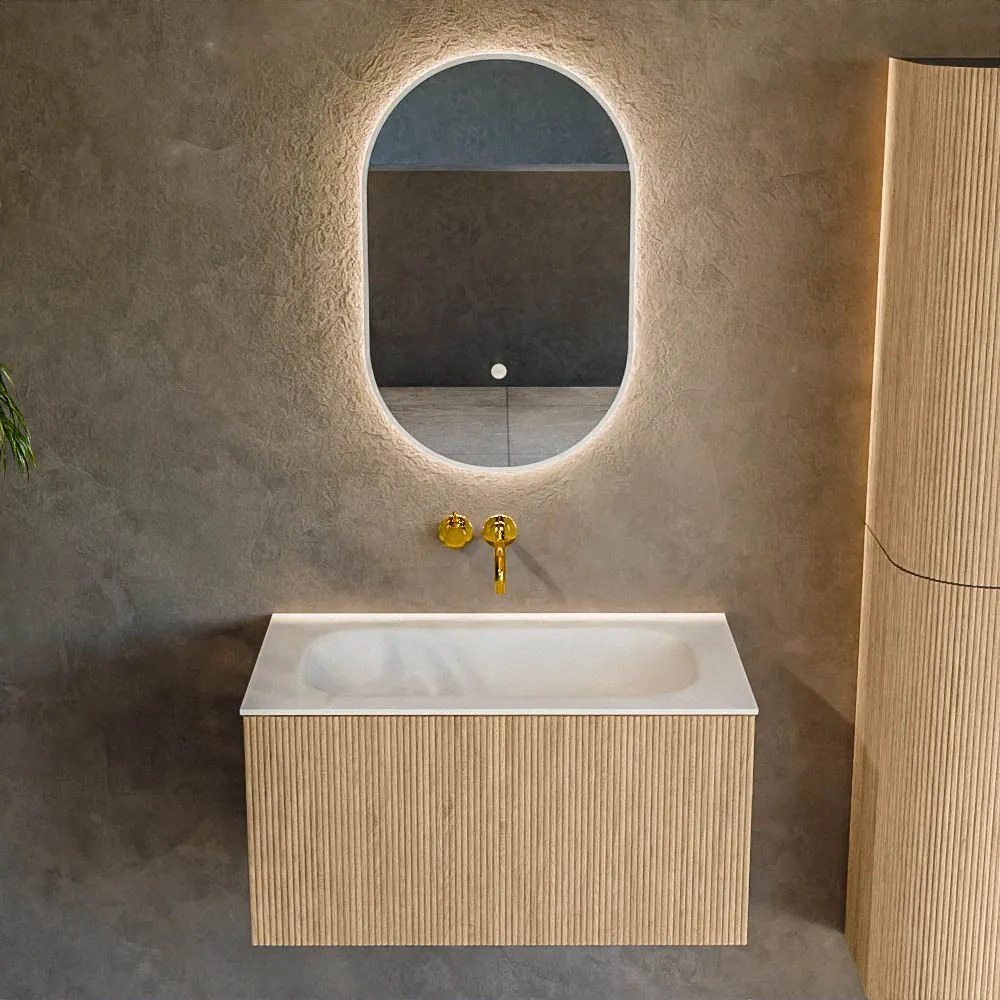 Mondiaz Kurve 80cm badmeubel oak met 1 lade en wastafel big small midden zonder kraangat