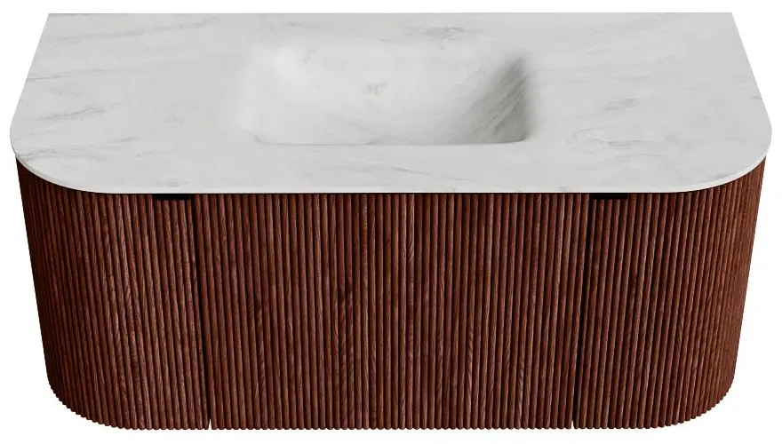 Mondiaz Kurve-dlux 100cm badmeubel ronding links/rechts ruby met 1 lade en 2 deuren en wastafel grunne midden zonder kraangat opalo