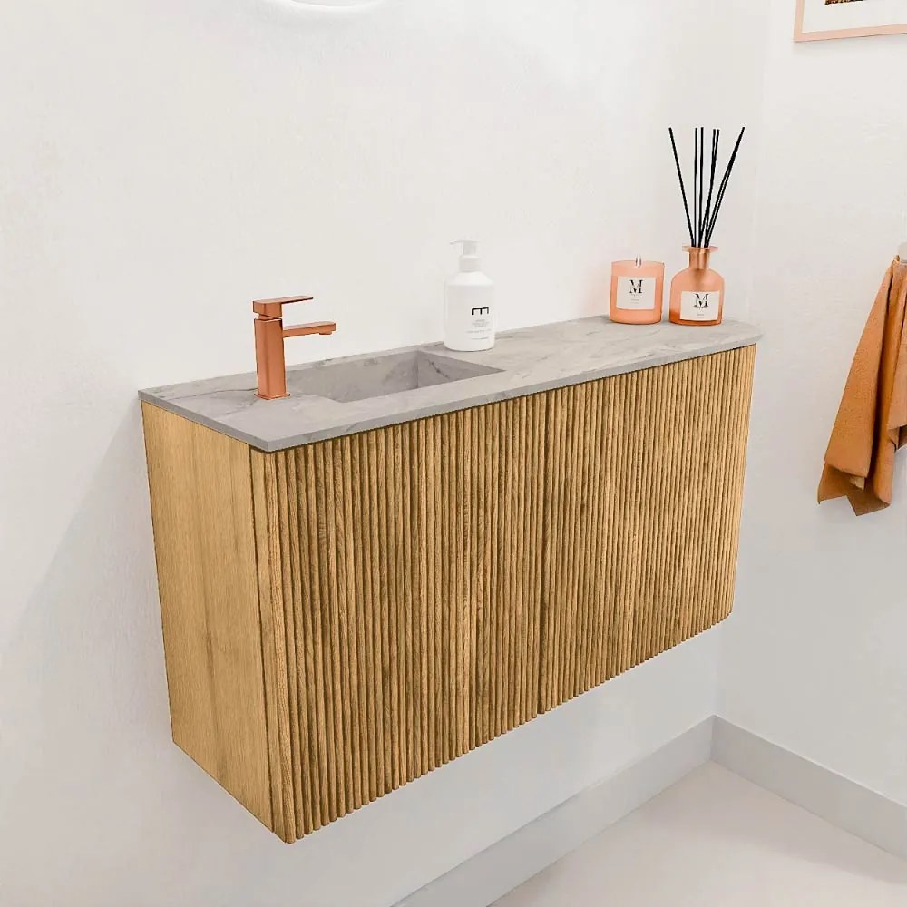 Mondiaz Joya DLux 80cm toiletmeubel ronding rechts oak met wastafel faye links 1 kraangat glace