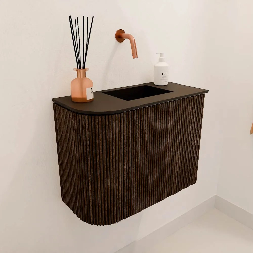 Mondiaz Joya 50cm toiletmeubel ronding links walnut met wastafel faye rechts zonder kraangat urban