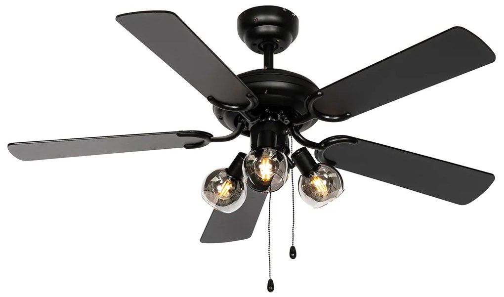 Plafondventilator zwart met hout print 107.5cm 3-lichts met trekschakelaar - Mistral Vidro