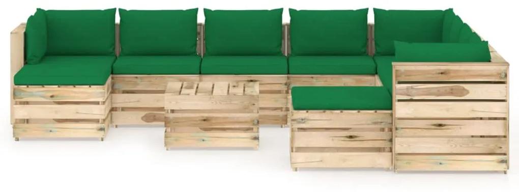vidaXL 11-delige Loungeset met kussens groen geïmpregneerd hout